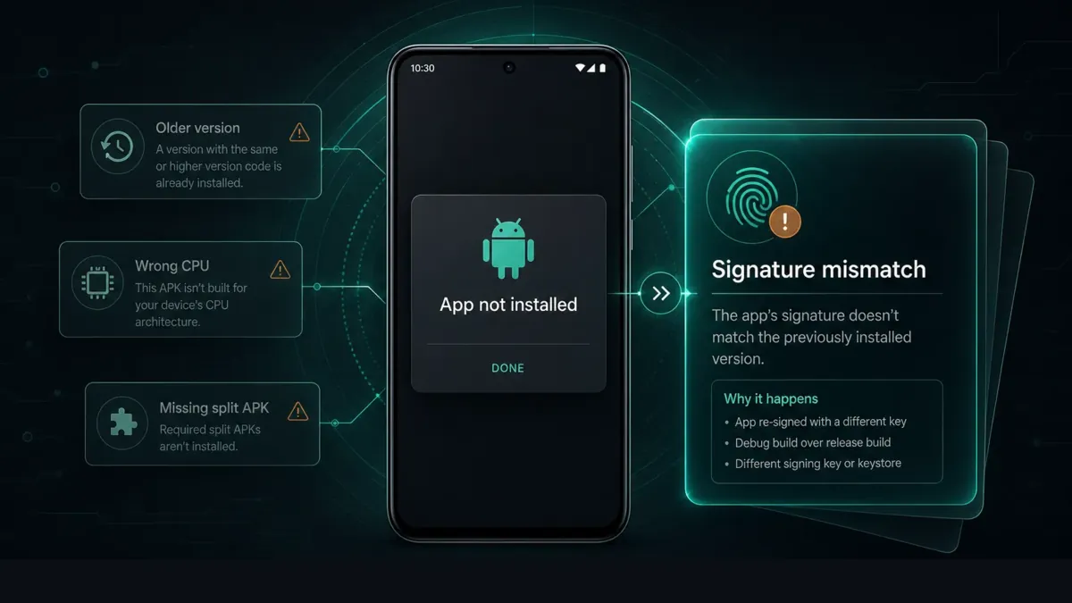 Android phone showing App not installed dialog with signature mismatch, older version, wrong CPU, and missing split APK causes
